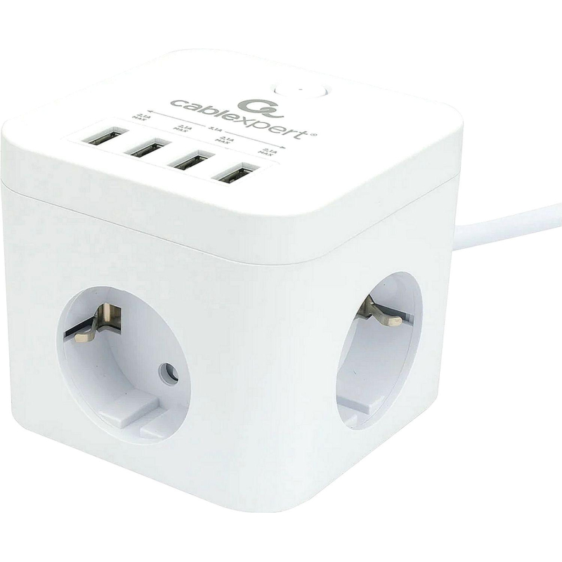 Сетевой фильтр Cablexpert Cube 3р/1.5м, 10А, 4хUSB, белый(CUBE-3-U4-W-1.5)