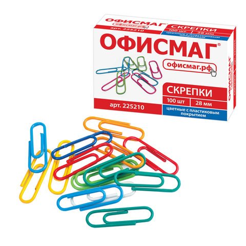 Скрепки ОФИСМАГ, 28 мм, цветные, 100 шт., в картонной коробке, Россия