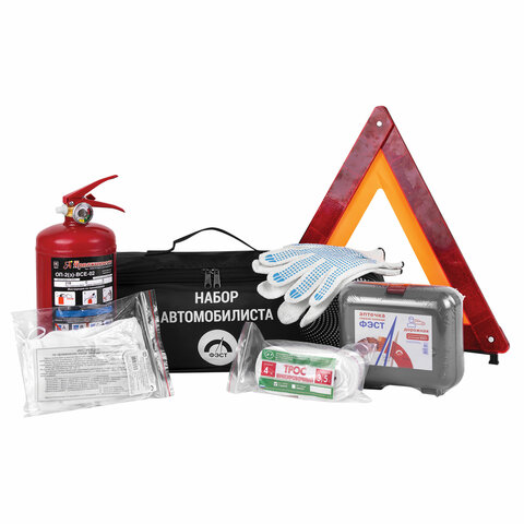 превью Набор автомобилиста АВТО: аптечка, огнетушитель ОП-2, знак аварийный остановки, трос буксировочный, перчатки с ПВХ