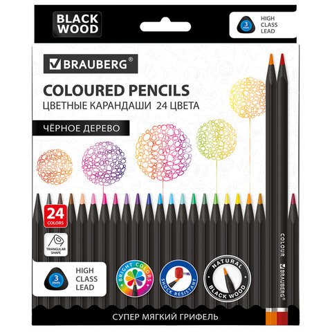 превью Карандаши цветные чёрное дерево BRAUBERG BLACK WOOD, 24 цвета, трехгранный корпус, грифель мягкий 3 мм