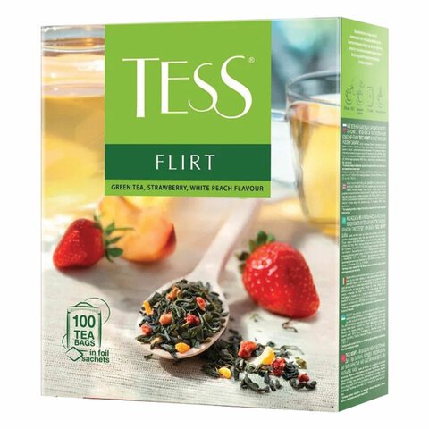 Чай TESS (Тесс) «Flirt», зеленый с клубникой и персиком, 100 пакетиков по 1.5 г