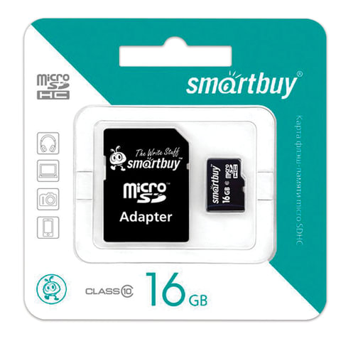 Карта памяти micro SDHC, 16 GB, SMARTBUY, 10 Мб/сек. (class 10), с адаптером