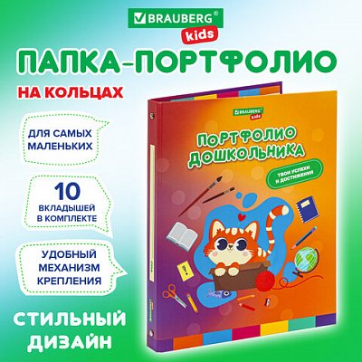 Папка-портфолио дошкольника «КОШЕЧКА», 4 кольца, 20 файлов, 10 вкладышей, 7БЦ матовая, BRAUBERG KIDS