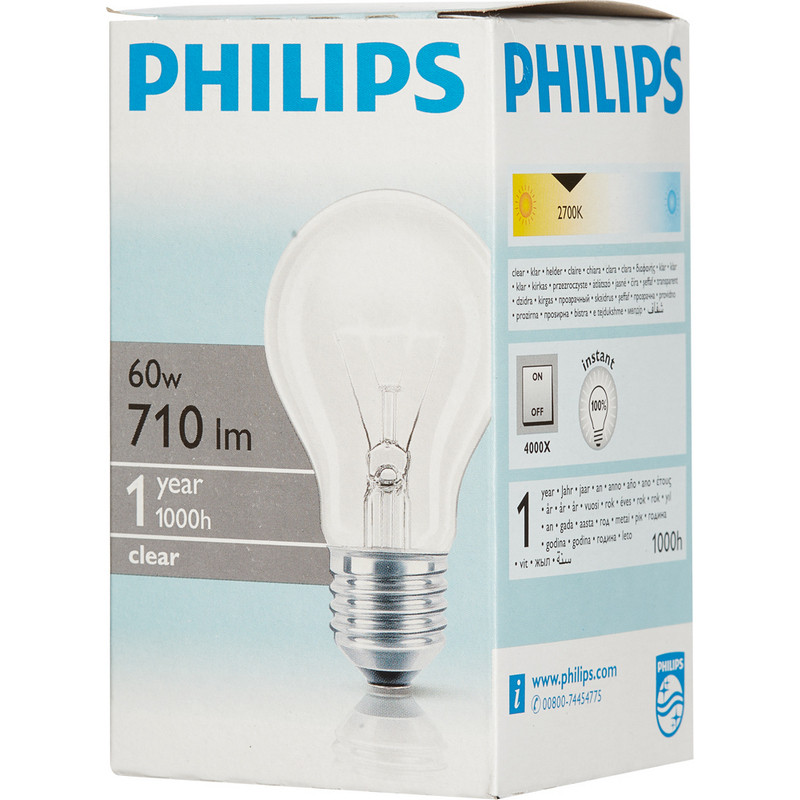 превью Лампа накаливания Philips 60 Вт E27 грушевидная прозрачная 2700 К теплый белый свет
