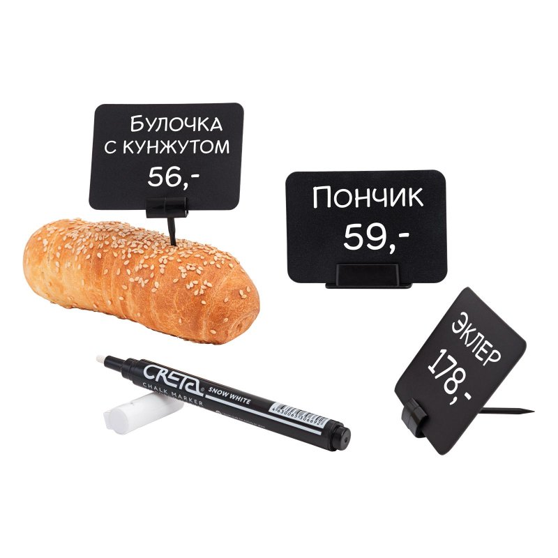 превью Ценникодержатель-подставка с меловой табличкой пластиковый 39×9 мм черный (в наборе: держатель таблички, держатель-иголка, табличка А8, маркер)