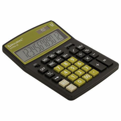Калькулятор настольный BRAUBERG EXTRA-12-BKOL (206×155 мм), 12 разрядов, двойное питание, ЧЕРНО-ОЛИВКОВЫЙ