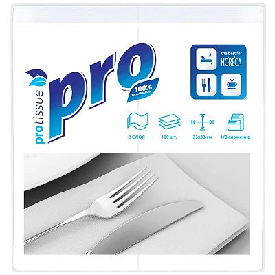 Салфетки бумажные PROtissue 33×33 см белые 2-слойные 100 штук в упаковке