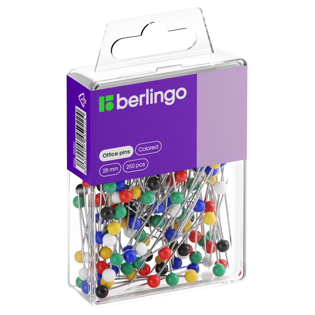 превью Булавки офисные Berlingo, 28мм, 250шт., пластик. коробка, европодвес
