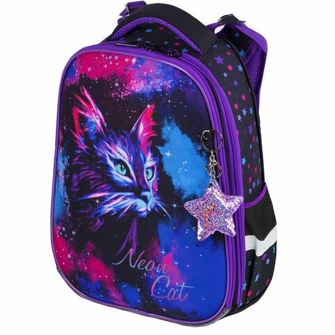 Ранец BRAUBERG PREMIUM, 2 отделения, с брелком, «Neon cat», 38×29х16 см