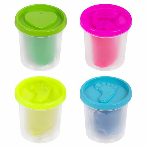 Пластилин-тесто для лепки BRAUBERG KIDS, 4 цвета, 560 г, яркие неоновые цвета, крышки-штампики
