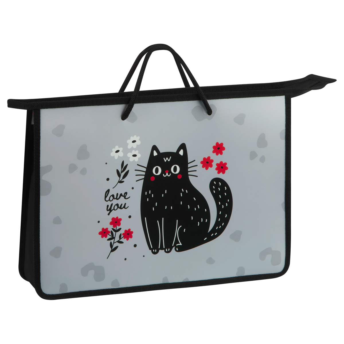 превью Папка с ручками А4 ArtSpace «Black Cat with Flowers», пластик, на молнии, 75мм