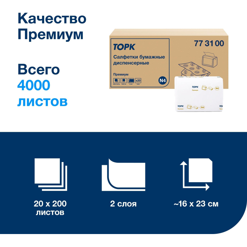 Салфетки бумажные д/дисп Торк Экспресснап Прем 2слN4 200л20пач/уп, цел773100
