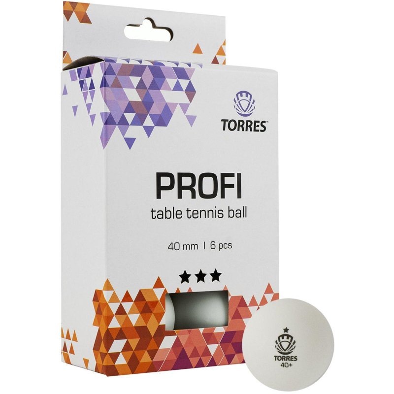 превью Мяч для наст. тенниса TORRES Profi 3x, TT21012, диам. 40мм, упак. 6 шт, бел
