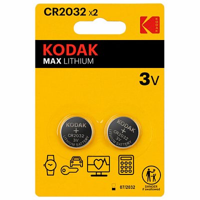 Батарейки КОМПЛЕКТ 2 шт., KODAK Max Lithium, CR2032, литиевые, блистер