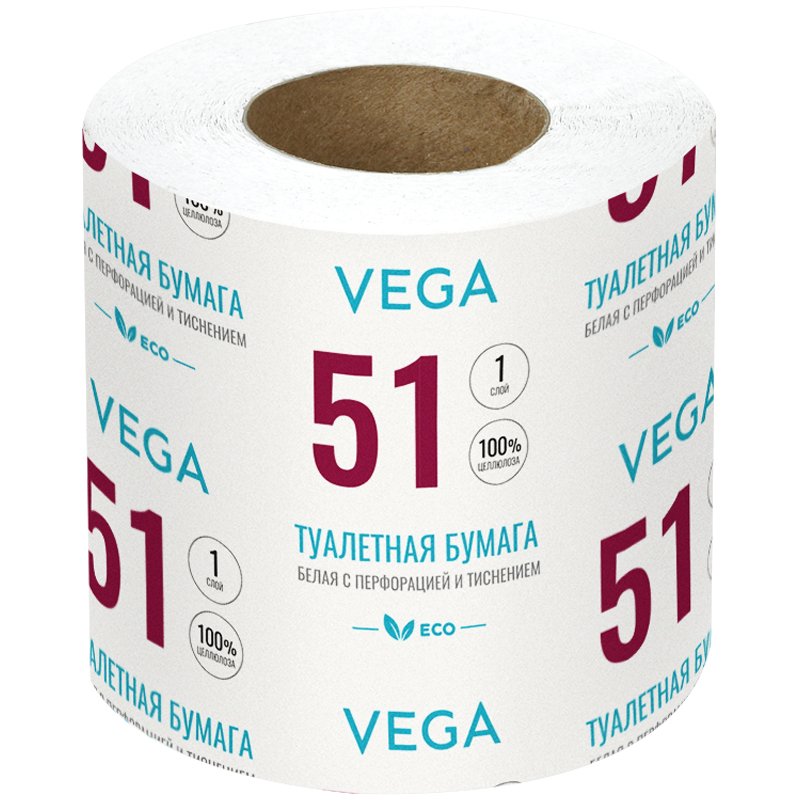 превью Бумага туалетная Vega, 1-слойная, 51 м/рул., на втулке, с перф., с тиснением, белая