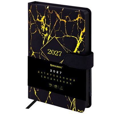 Ежедневник датированный 2027, А5, 138×213 мм, BRAUBERG «Goldy», под кожу, магнитная застежка, цветной срез, черный