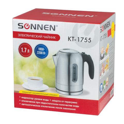 Чайник SONNEN KT-1755, 1.7 л, 2200 Вт, закрытый нагревательный элемент, нержавеющая сталь