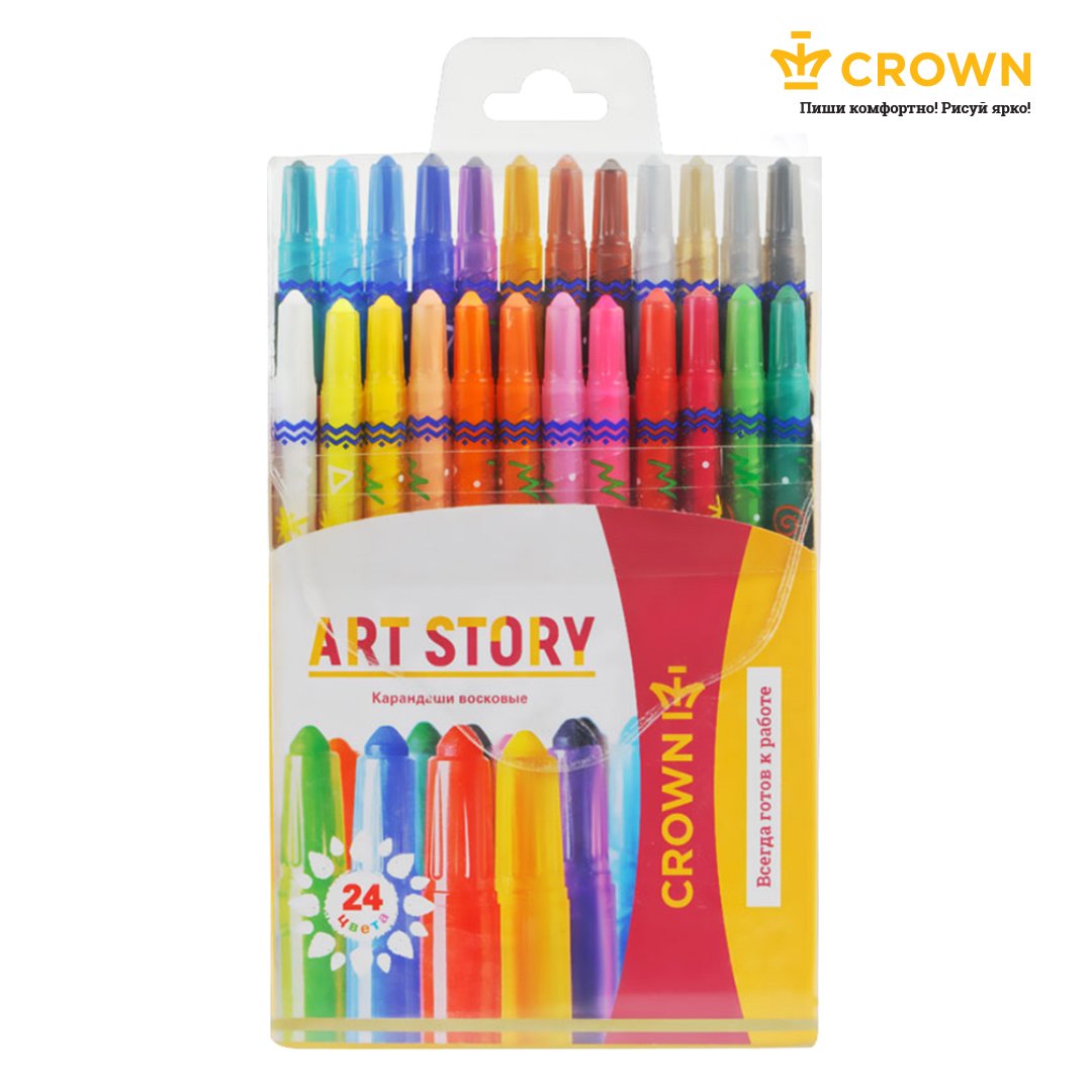 Карандаши восковые Crown «ArtStory», 24цв., выкручивающийся стержень, ПВХ, европодвес