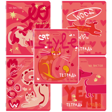 превью Тетради ДЭК А5 48 л. КОМПЛЕКТ 5 шт. BRAUBERG, скоба, клетка, TWIN-лак, «PINK MOOD»