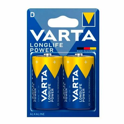 Батарейки алкалиновые КОМПЛЕКТ 2 шт., VARTA LONGLIFE POWER, D (LR20, 13А), блистер