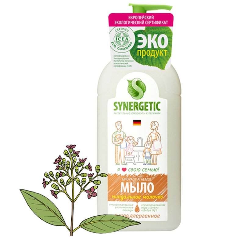 превью Мыло жидкое Synergetic «Миндальное молочко», с дозатором, 500мл