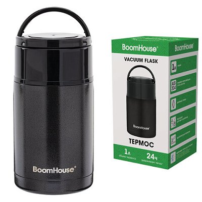 Термос 1 л для еды/напитков с широким горлом, BOOMHOUSE (БУМХАУС) LUNCH, нержавеющая сталь SUS304, черный