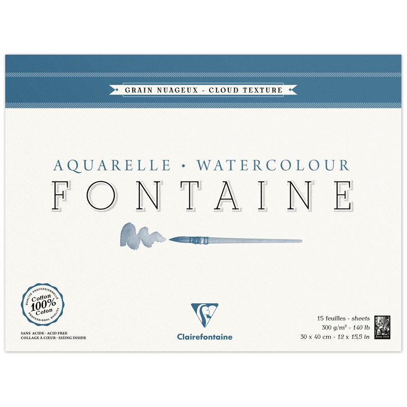 превью Альбом для акварели 15л., 30×40, на склейке Clairefontaine «Fontaine Grain Nuageux», 300г/м2, холод. пресс, облачная текстура