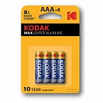 Батарейки алкалиновые «мизинчиковые» КОМПЛЕКТ 4 шт., KODAK Max Super Alkaline, ААА (LR03.15А), блистер