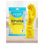 Перчатки резиновые хозяйственные Vega, многоразовые, хлопчатобумажное напыление, р. M, желтые, пакет с европодвесом