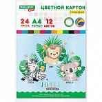 Картон цветной А4 МЕЛОВАННЫЙ EXTRA, 24 листа 12 цветов, в папке, BRAUBERG KIDS, 200×290, Джунгли