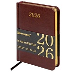 Ежедневник датированный 2026, МАЛЫЙ ФОРМАТ 100×150 мм, А6, BRAUBERG «Iguana», под кожу, коричневый