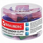 Зажимы для бумаг BRAUBERG, комплект 24 шт., 32 мм, на 140 л., цветные, в пластиковом цилиндре