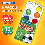 Краски акварельные BRAUBERG 12 цветов «Футбол», медовые, круглые кюветы