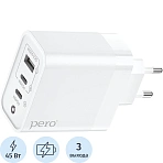 Зарядное устройство сетевое PERO TC17 USB-A QC 3.0 + 2х USB-C PD, 65W белый