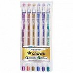 Ручки гелевые CROWN, НАБОР 6 шт., АССОРТИ, «Hi-Jell Metallic», металлик, узел 0.7 мм, линия письма 0.5 мм