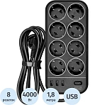 Сетевой фильтр Powercom SP-08 USB03AB 1.8 m (8 розеток) черный