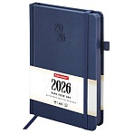 Ежедневник датированный 2026, А5, 138×213 мм, BRAUBERG «Plain», под кожу, резинка, держатель для ручки, синий