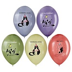 Воздушные шары, 10шт., М12/30см, MESHU «Birthday cat», пастель, ассорти