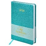 Ежедневник датированный 2026, А5, 138×213 мм, BRAUBERG «Sparkle», под кожу, блестки, бирюзовый