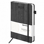 Ежедневник датированный 2024 А5 138×213 мм BRAUBERG «Wood», под кожу, держатель для ручки, серый