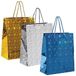 Пакет подарочный новогодний НАБОР 4 шт. 26×13x32 см (L)ГОЛОГРАФИЯ 3 цвета ЗОЛОТАЯ СКАЗКА609614