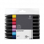 Набор художественных маркеров двухсторонних Winsor&Newton «Pro», пулевидный/скошенный, 2мм/7мм, 12 цветов + 1 блендер