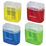 Точилка BRAUBERG «Chief» с контейнером, пластиковая, прямоугольная, 2 отверстия, с крышкой, ассорти