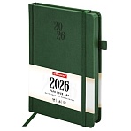 Ежедневник датированный 2026, А5, 138×213 мм, BRAUBERG «Plain», под кожу, резинка, держатель для ручки, темно-зеленый