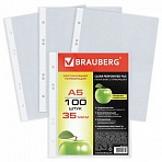 Папки-файлы перфорированные, А5, BRAUBERG, комплект 100 шт., вертикальные, гладкие, "Яблоко", 0,035 мм