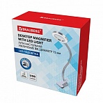 Лупа настольная на прищепке с LED ПОДСВЕТКОЙ, диаметр 75 мм, увеличение 3, BRAUBERG