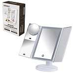 Зеркало настольное с LED-подсветкой для макияжа, размер 24×18 см, складное, увеличение х2, х3, х10, белое, BRABIX