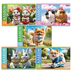 Альбом для рисования МАЛЫЙ ФОРМАТ А5 12 л., скоба, обложка картон, HTB, 205×140 мм, «Пушистые милашки» (5 видов), 091518