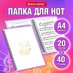Папка-тетрадь для нот А4, 20 вкладышей на 40 страниц, на гребне, пластик, БЕЛАЯ, BRAUBERG