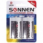 Батарейки SONNEN, D (LR20), комплект 2 шт., АЛКАЛИНОВЫЕ, в блистере, 1.5 В
